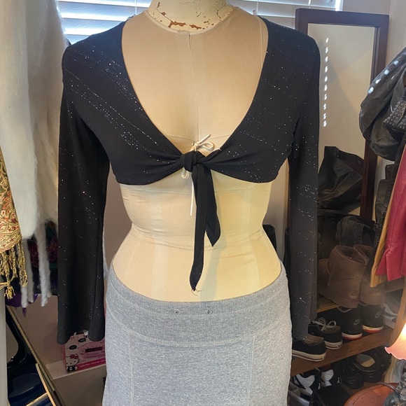 Vintage Mariposa black sparkly long sleeve tie front top - Picture 2 of 8